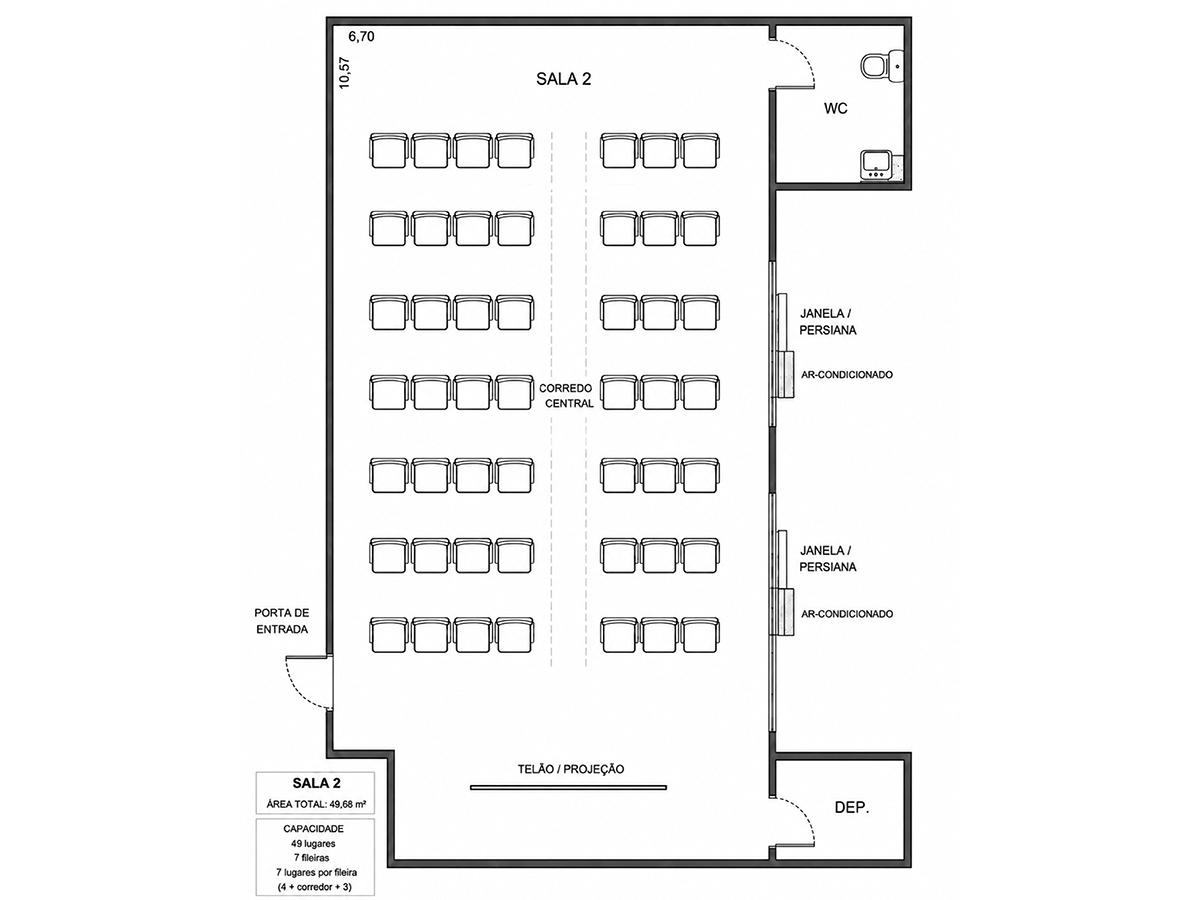 Mapa da sala com disposição das cadeiras, tela de projeção e áreas de apoio